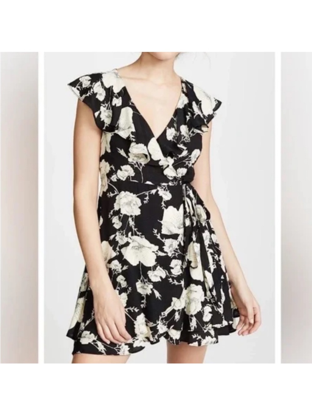 Free People Black and Cream Floral Wrap Mini Dress